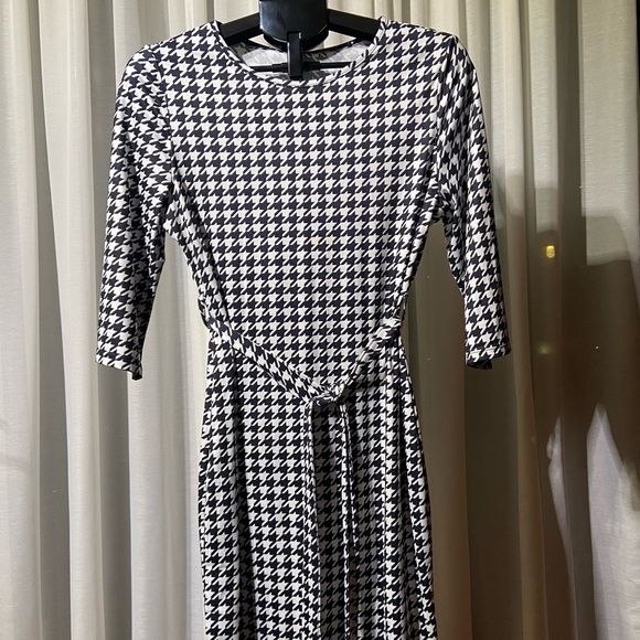Shein Elegant Black & White Houndstooth Dress Long Sleeve Belted Casual Size XL - Picture 2 of 5